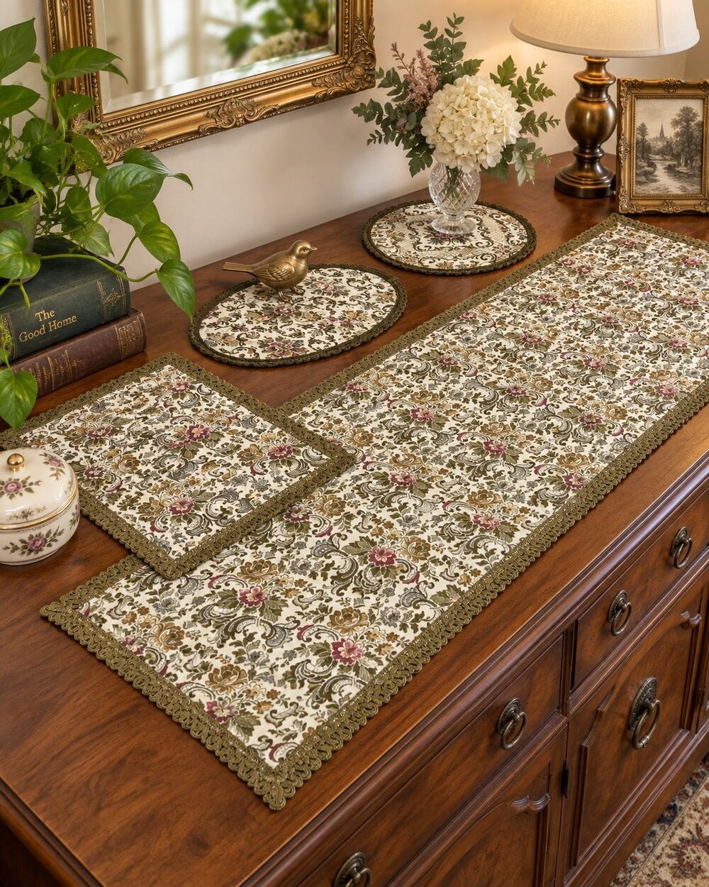Vintage 4 Pc Brocade Dresser Scarf Table Runner Doily Set Floral Trim